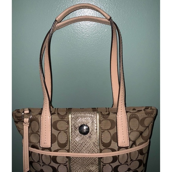 COACH SIGNATURE STRIPE PYTHON KHAKI TOTE - Picture 8 of 12